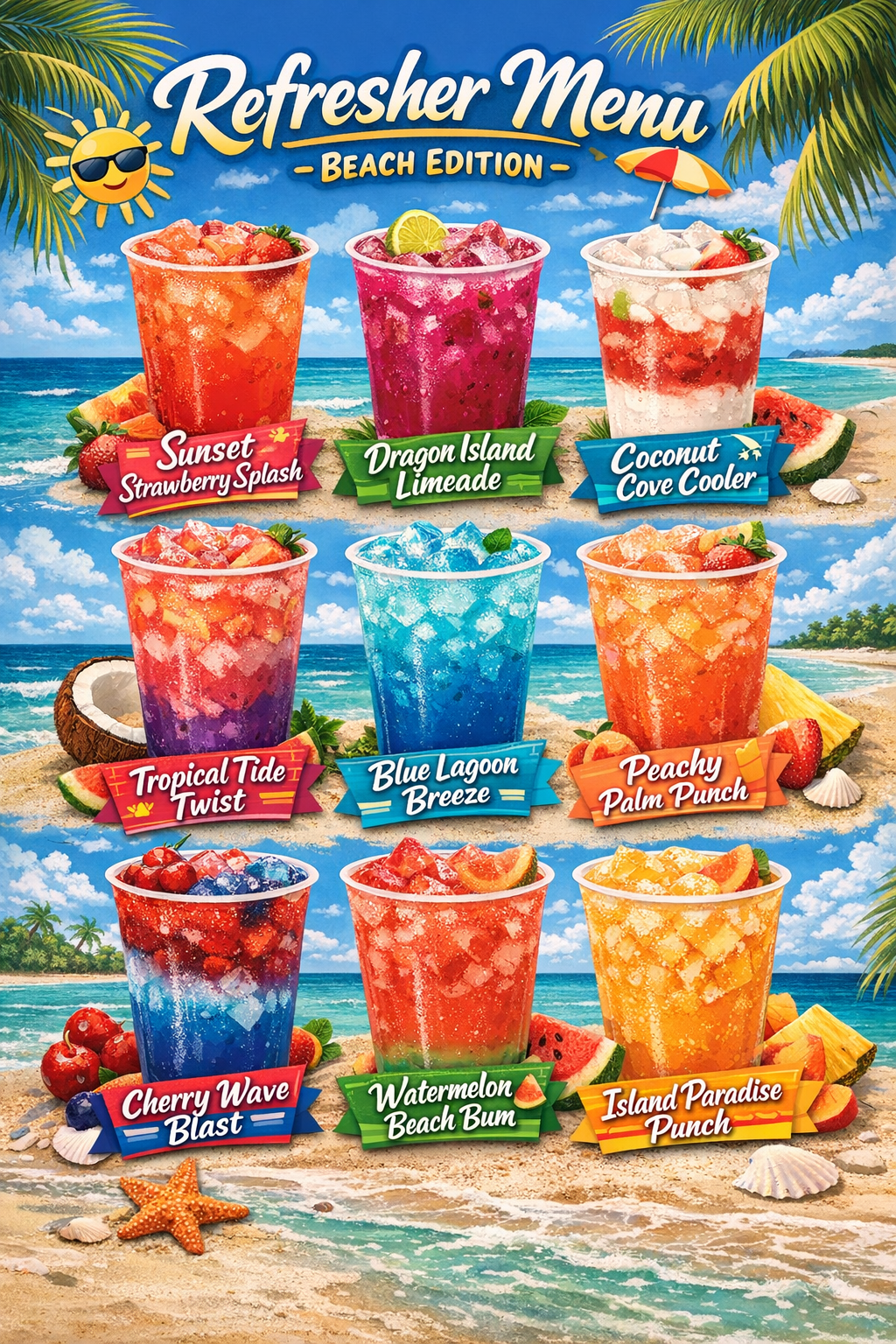 LOADED TEA'S 
🍋 REFRESHER MENU 🍋
All Refreshers are made with Lemonade 200 MG caffeine