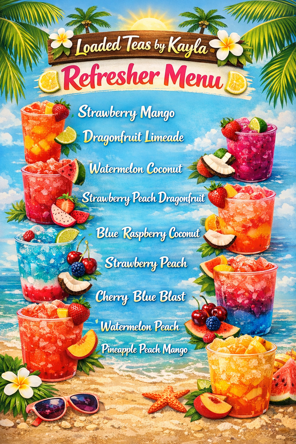 LOADED TEA'S 
🍋 REFRESHER MENU 🍋
All Refreshers are made with Lemonade 200 MG caffeine